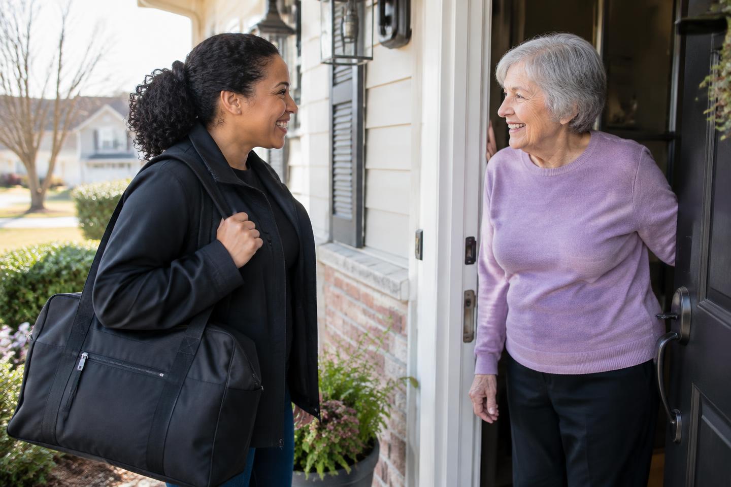 Illustrative scene of a home care caregiver greeting an older adult at the entrance to a home